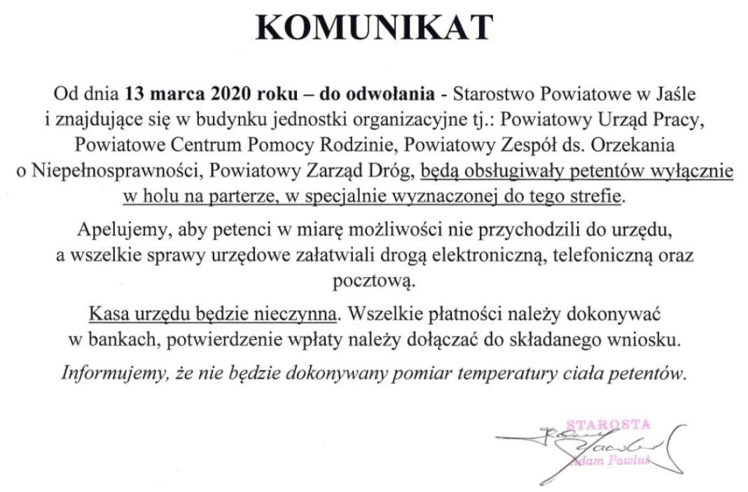 Starostwo Powiatowe w Jaśle wprowadza środki ostrożności w związku z koronawirusem