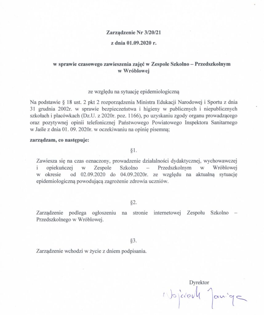 Zawieszone zajęcia Wróblowa Powiat Jasielski