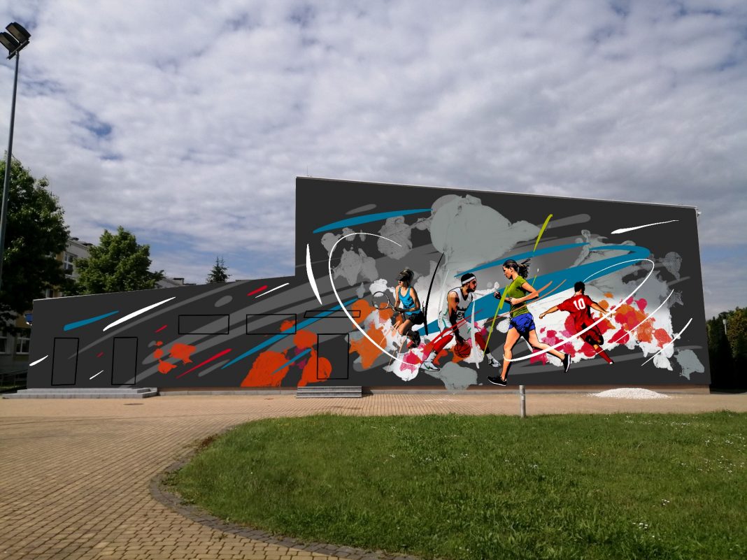 Mural na ścianie budynku hali SP 12 w Jaśle