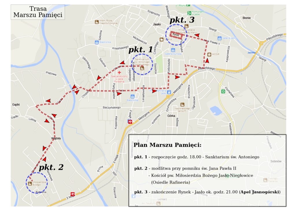 Plan trasy marszu ”Wspomnienie św. Jana Pawła II” ulicami Jasła