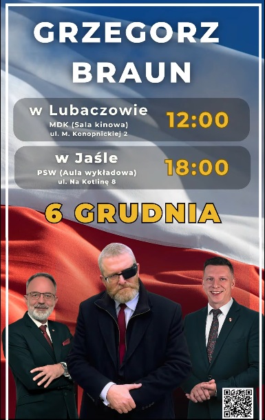 Grzegorz Braun w Jaśle. 6 grudnia aula PSW