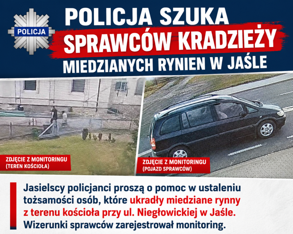 Ukradli miedziane rynny z terenu kościoła w Jaśle. Wszystko nagrały kamery